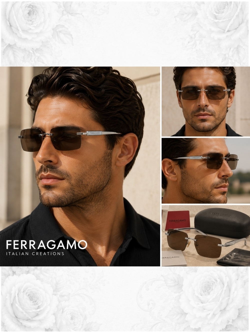 Ferragamo SF311S Rimless Rectangular Sunglasses Brown Silver 60mm NWT